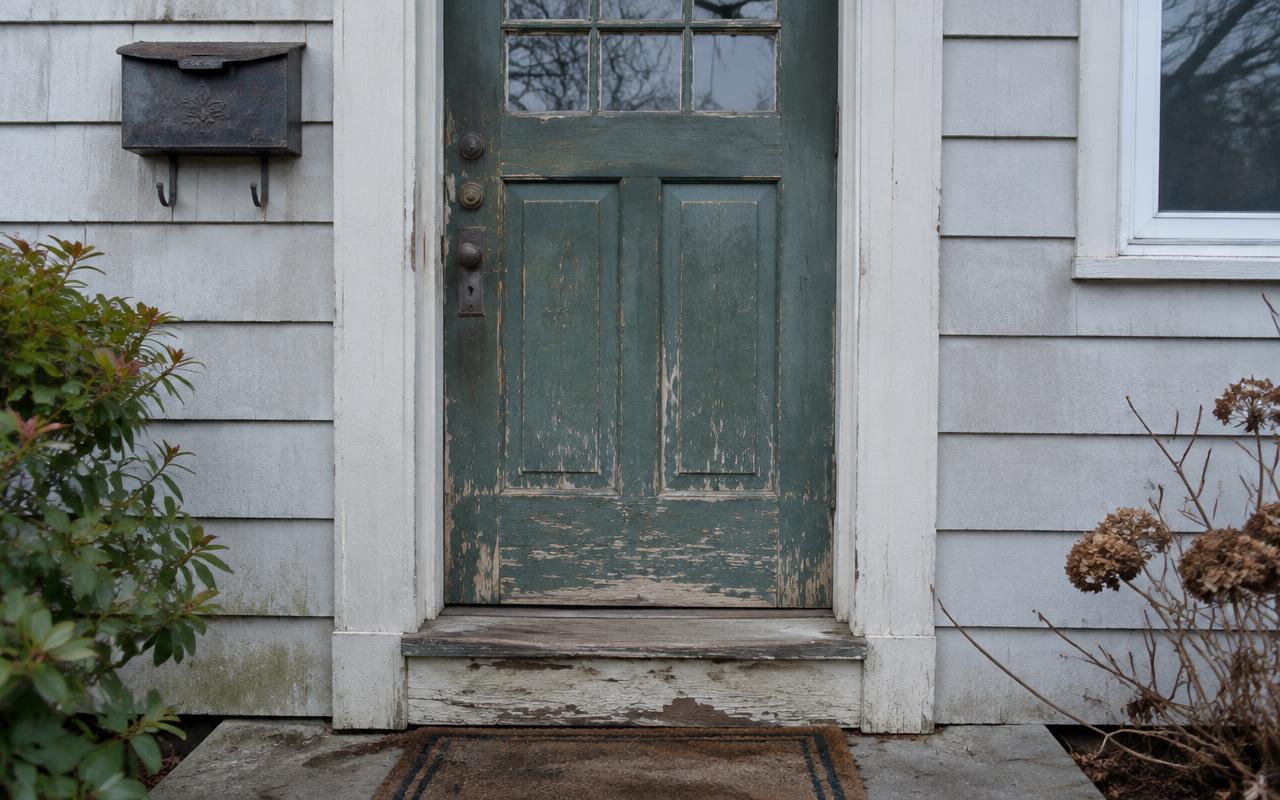 Old peeling front door replaced with a new fiberglass entry door; before