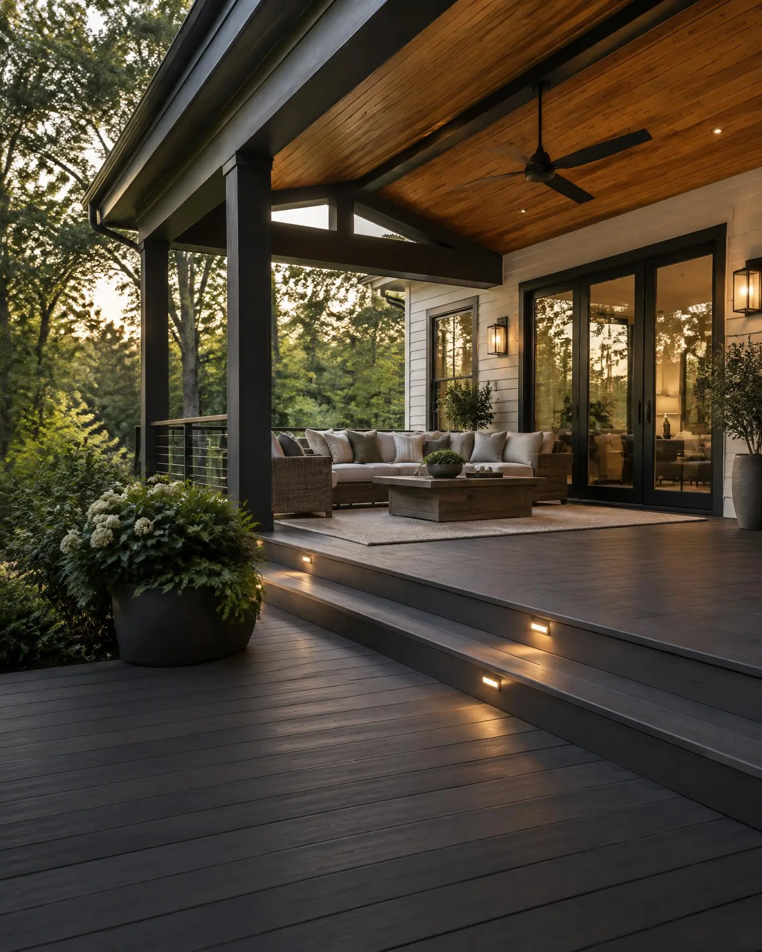 Renovated covered porch with warm wood ceiling and built-in deck lighting